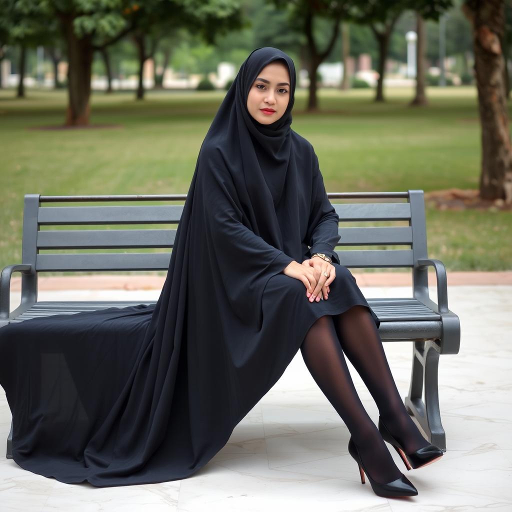 A woman in a black chador that fully covers her head and body, paired elegantly with black tights and high black heels, seated on a bench in a tranquil park