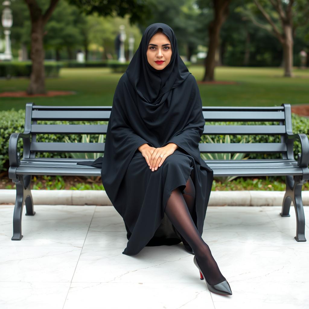 A woman dressed in a black chador that completely covers her head and body, complemented by black tights and elegant black high heels, seated on a bench in a serene park