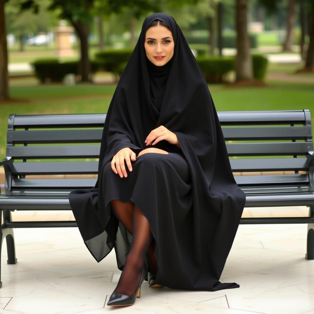 A woman dressed in a black chador that elegantly covers her head and body, enhanced by black tights and stylish black high heels, seated on a bench in a serene park setting