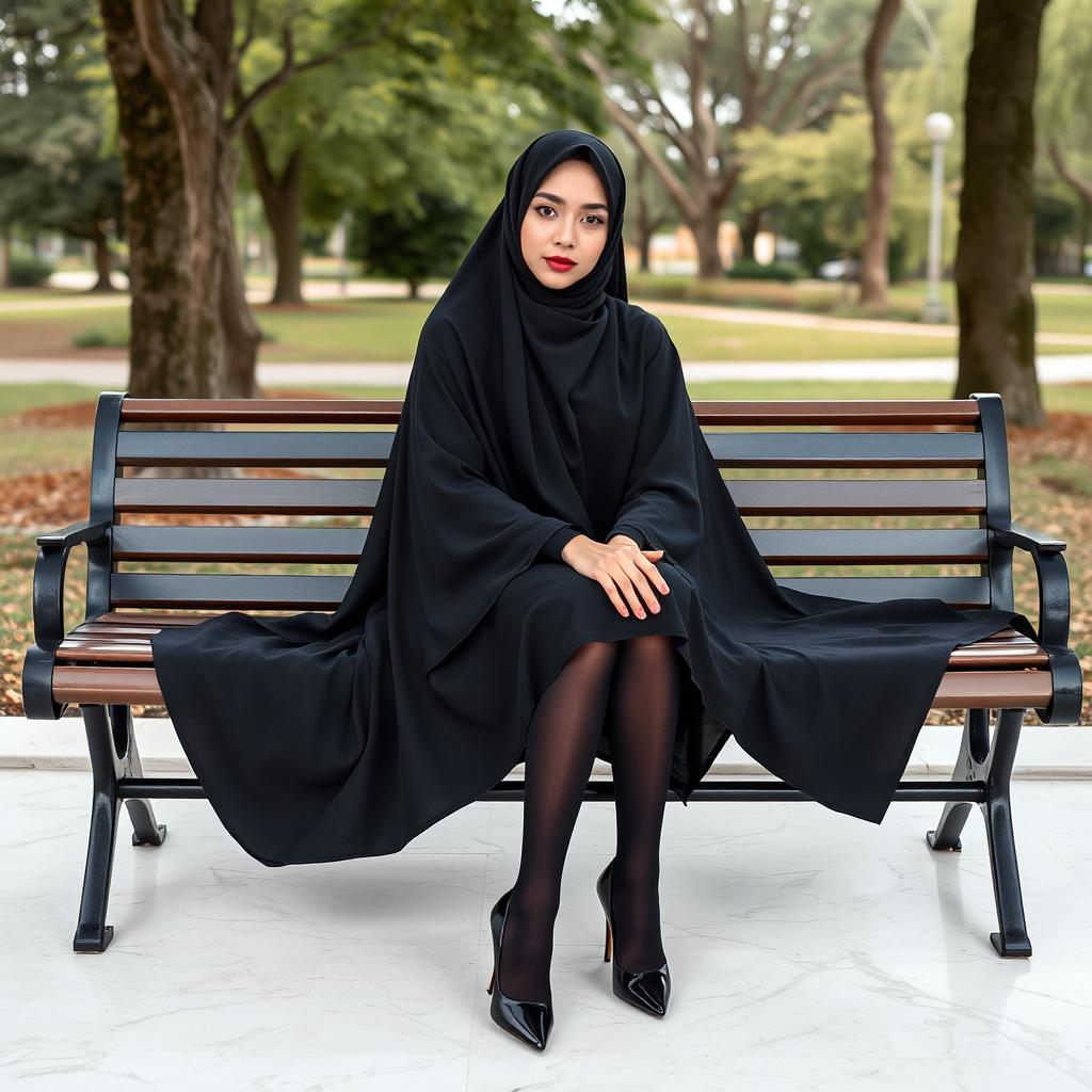 A woman in a black chador that elegantly covers her head and body, complemented by black tights and stylish black high heels, sitting on a bench in a peaceful park