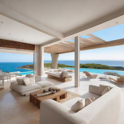 An open-concept villa with a sea view and no roof, featuring a relaxing rest area at the top-floor, perfectly designed for panoramic sea watching.