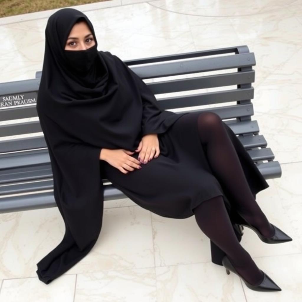 A woman in a black chador that completely covers her head and body, accented by sleek black tights and stylish black high heels, seated on a park bench