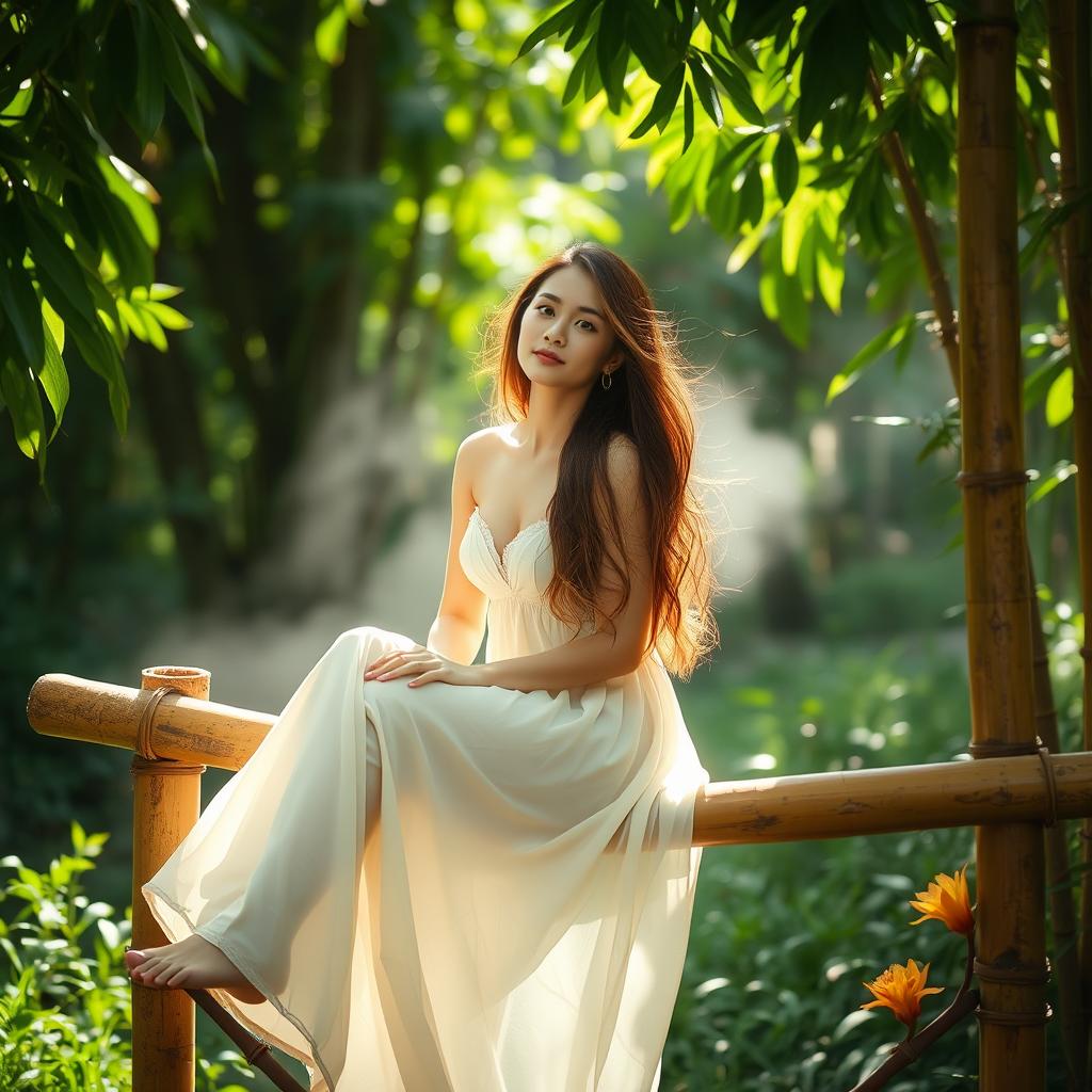 A beautiful woman sitting gracefully on a bamboo structure, surrounded by a serene and lush green environment