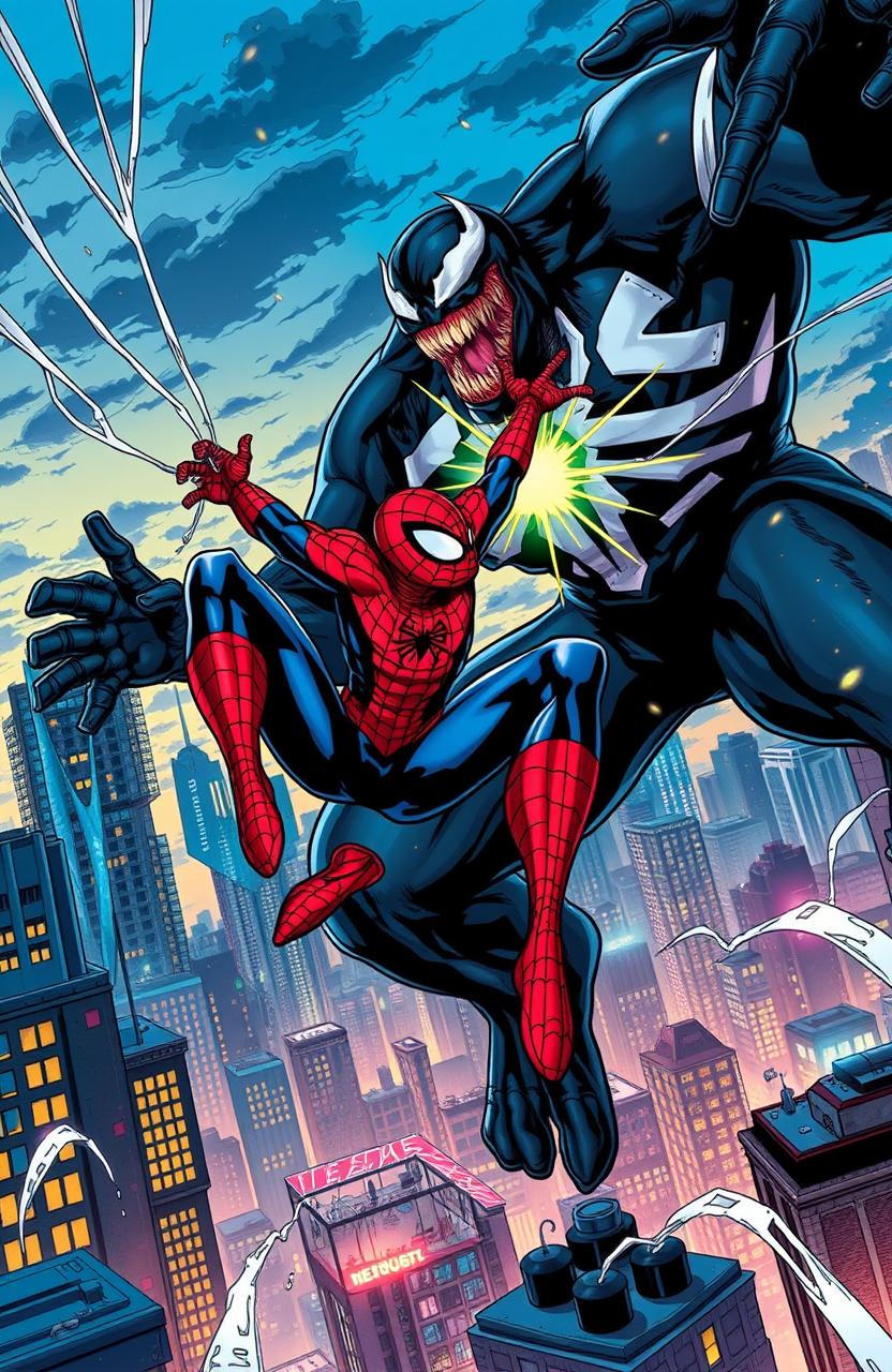 An intense comic book-style illustration of Spider-Man battling Venom in a dynamic cityscape