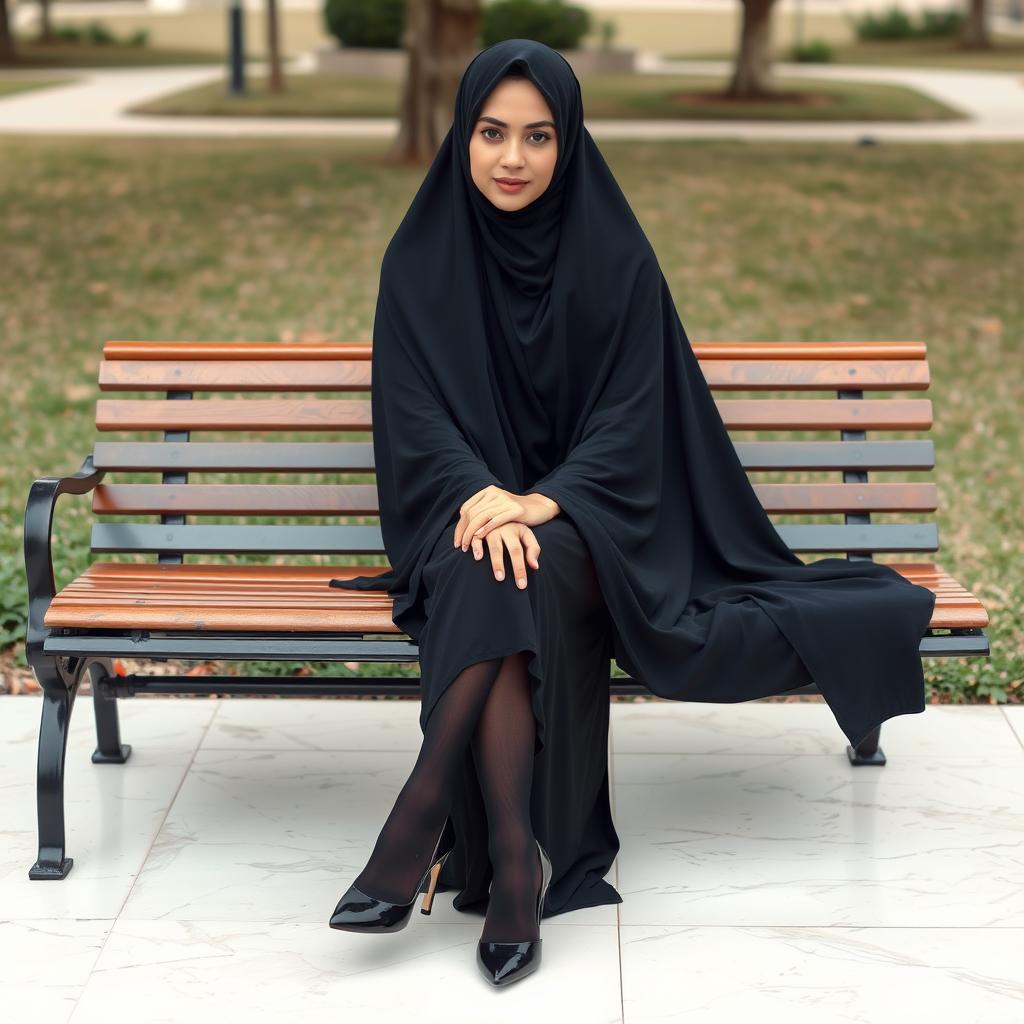 A woman dressed in a traditional black chador that fully covers her head and body, paired with sleek black tights and fashionable black high heels, sitting gracefully on a park bench