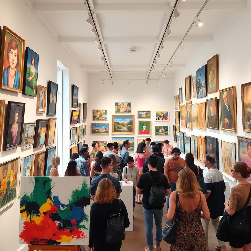 A lively and colorful art gallery interior filled with various beautiful paintings