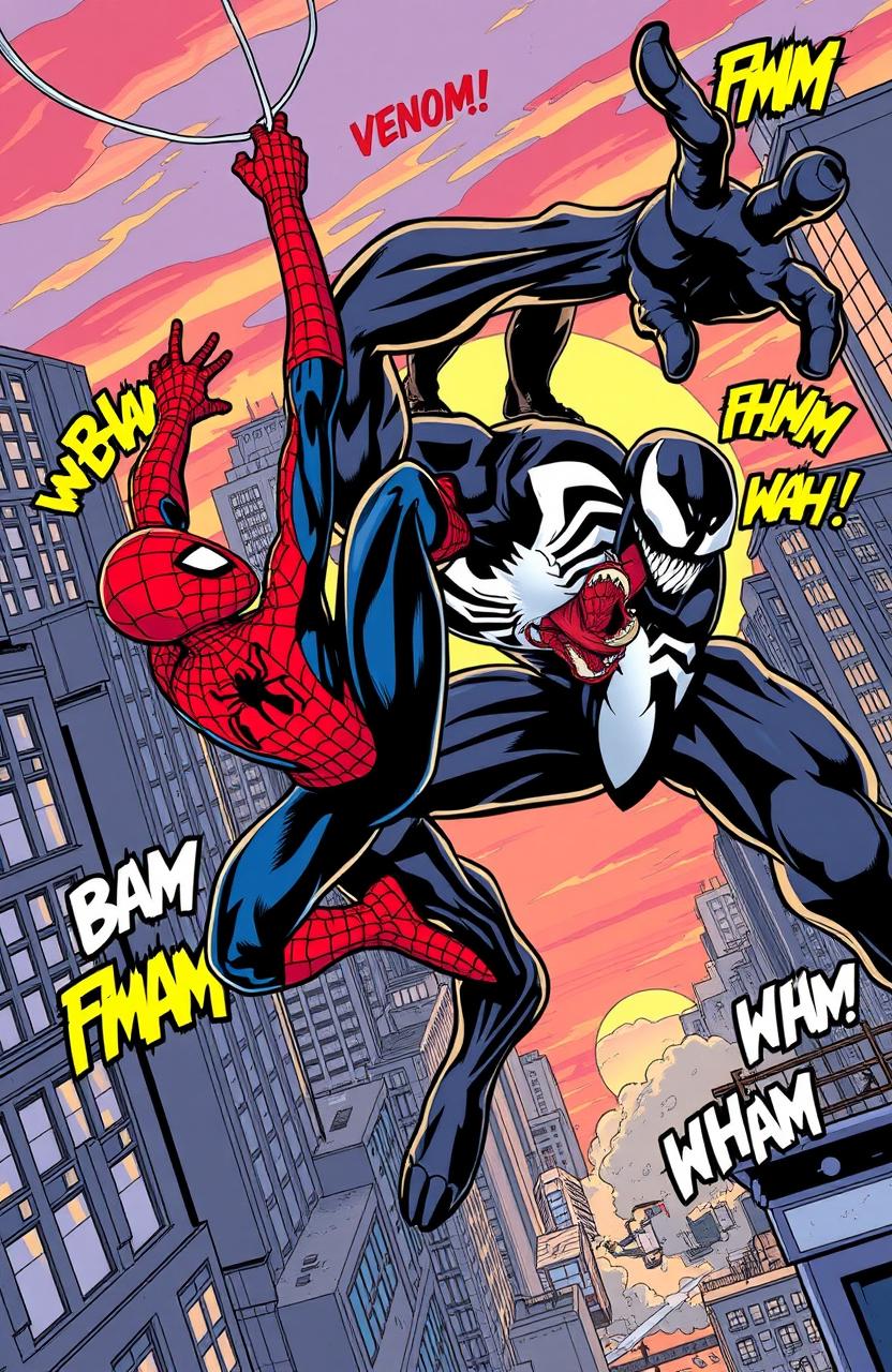An epic comic book style illustration of Spider-Man battling Venom in an intense urban setting