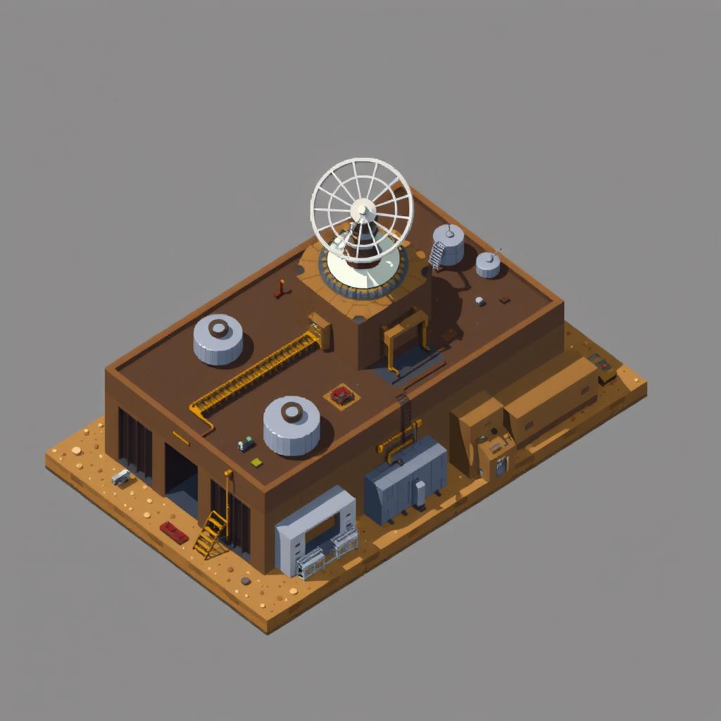 A top-down aerial view of a wide mining refinery building illustrated in pixel art style