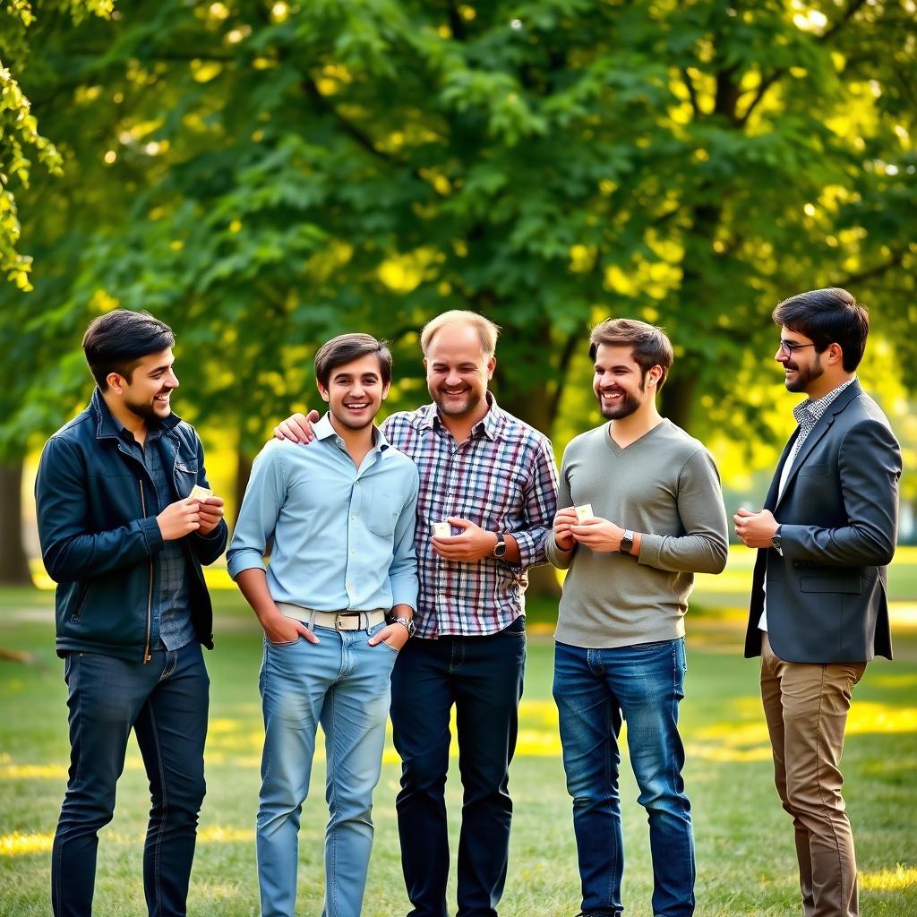A heartwarming scene of four young men joyfully proposing to their fathers for their girlfriends