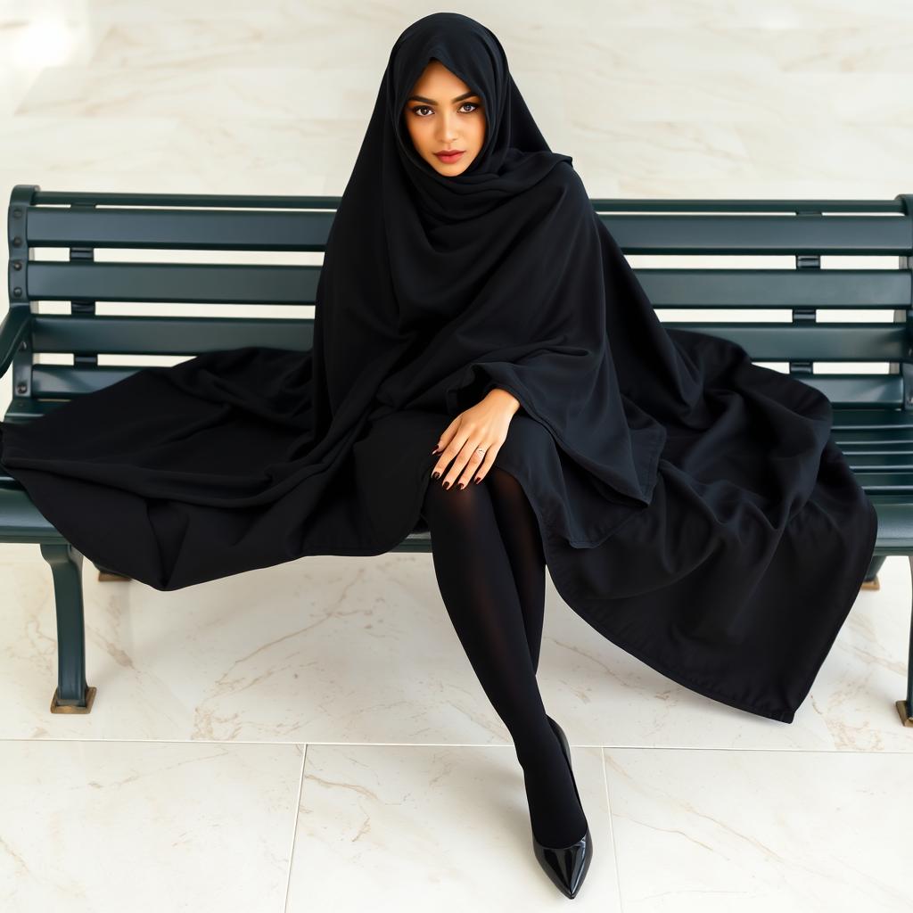 A woman draped in a black chador that fully covers her head and body, alongside sleek black tights and elegant black high heels, seated on a park bench