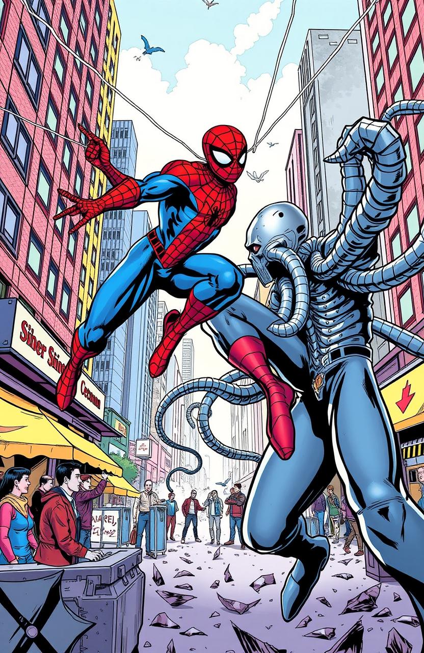 A dynamic comic book style illustration of Spider-Man battling Doctor Octopus in a vibrant urban setting