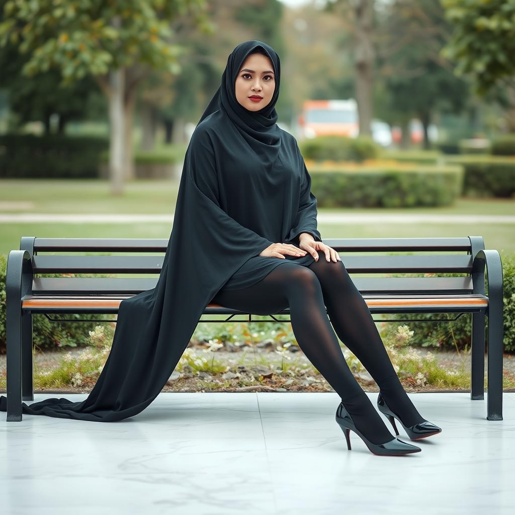 A woman elegantly dressed in a black chador that fully covers her head and body, complemented by form-fitting black tights and chic black high heels