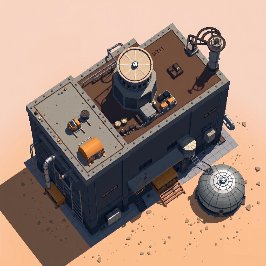 A top-down view from above of a wide mining refinery building illustrated in pixel art style