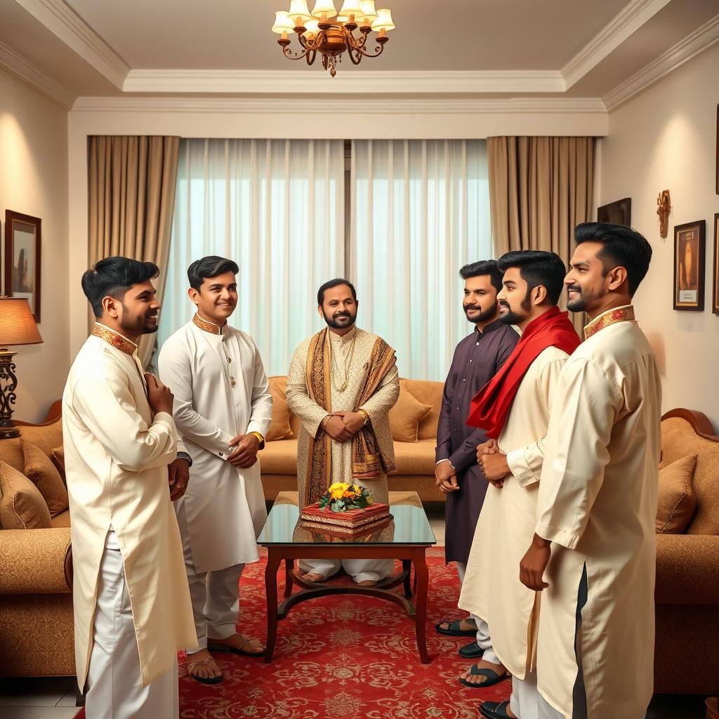 Four young men dressed in traditional attire approaching a father in a welcoming living room for the purpose of proposing to his daughters