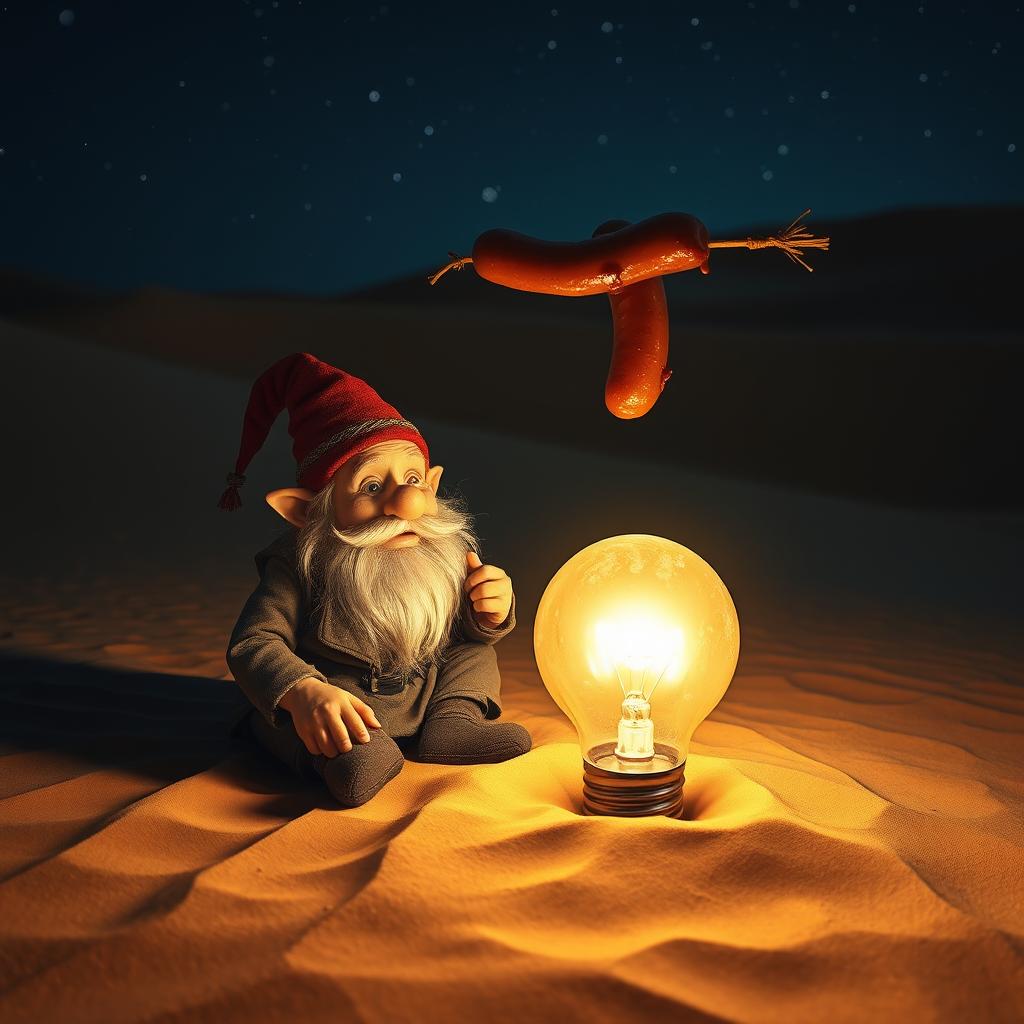 A captivating night scene set in the vast Gobi Desert, illuminated by the strong light of an embedded light bulb glowing brightly in the sand