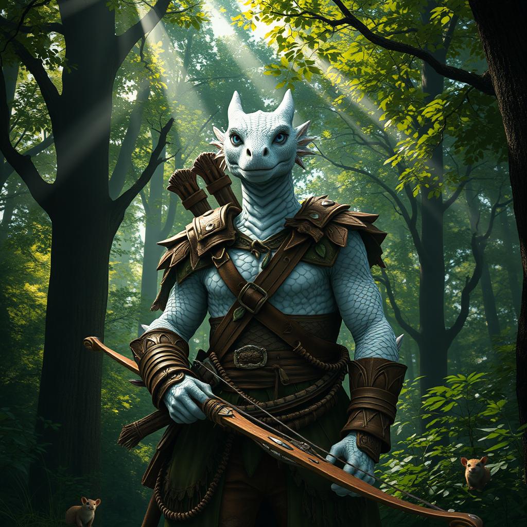 A 25-year-old Dragonborn ranger with white scales, standing confidently in a dense forest