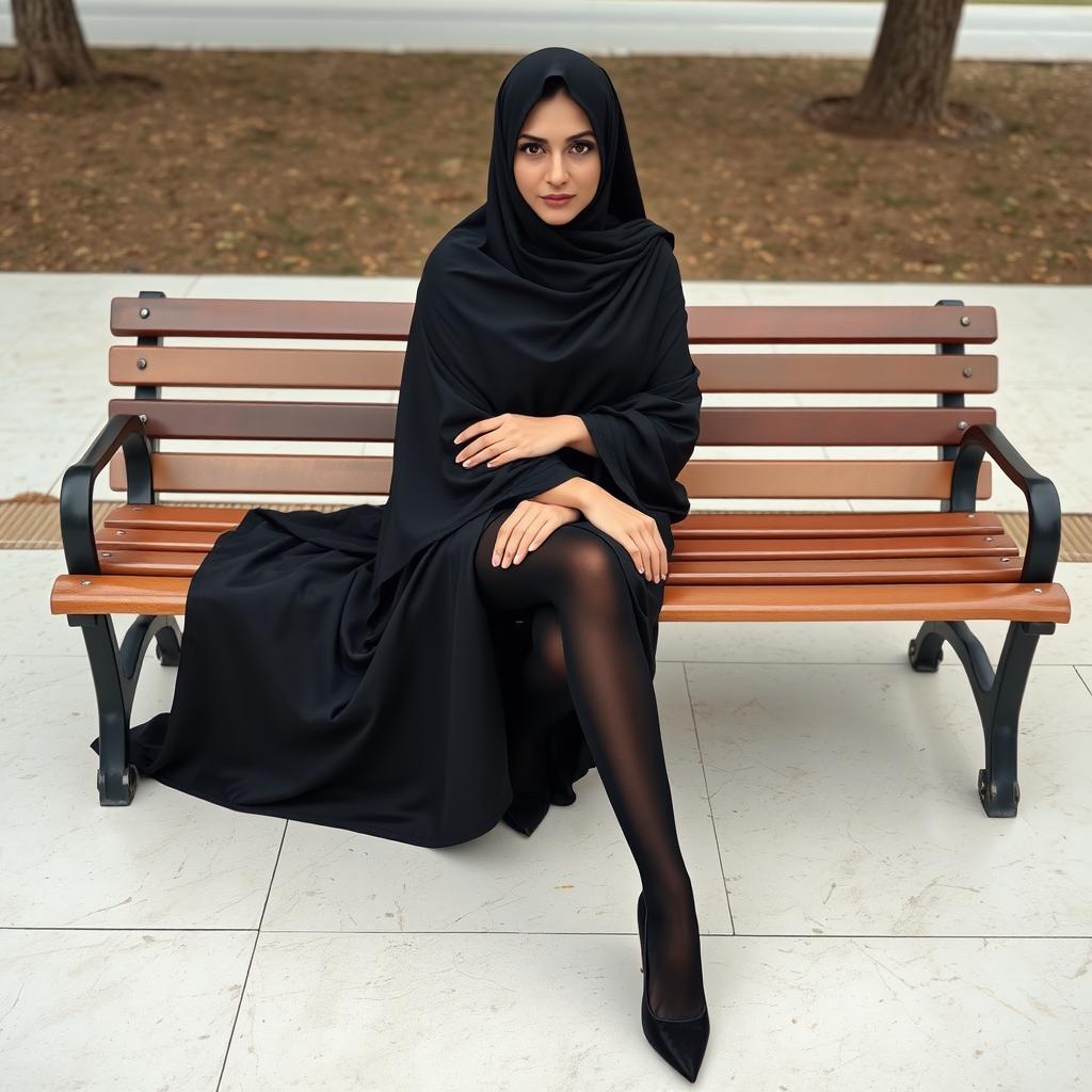 A woman elegantly clad in a black chador that covers her head and body, complemented by form-fitting black tights and stylish black high heels