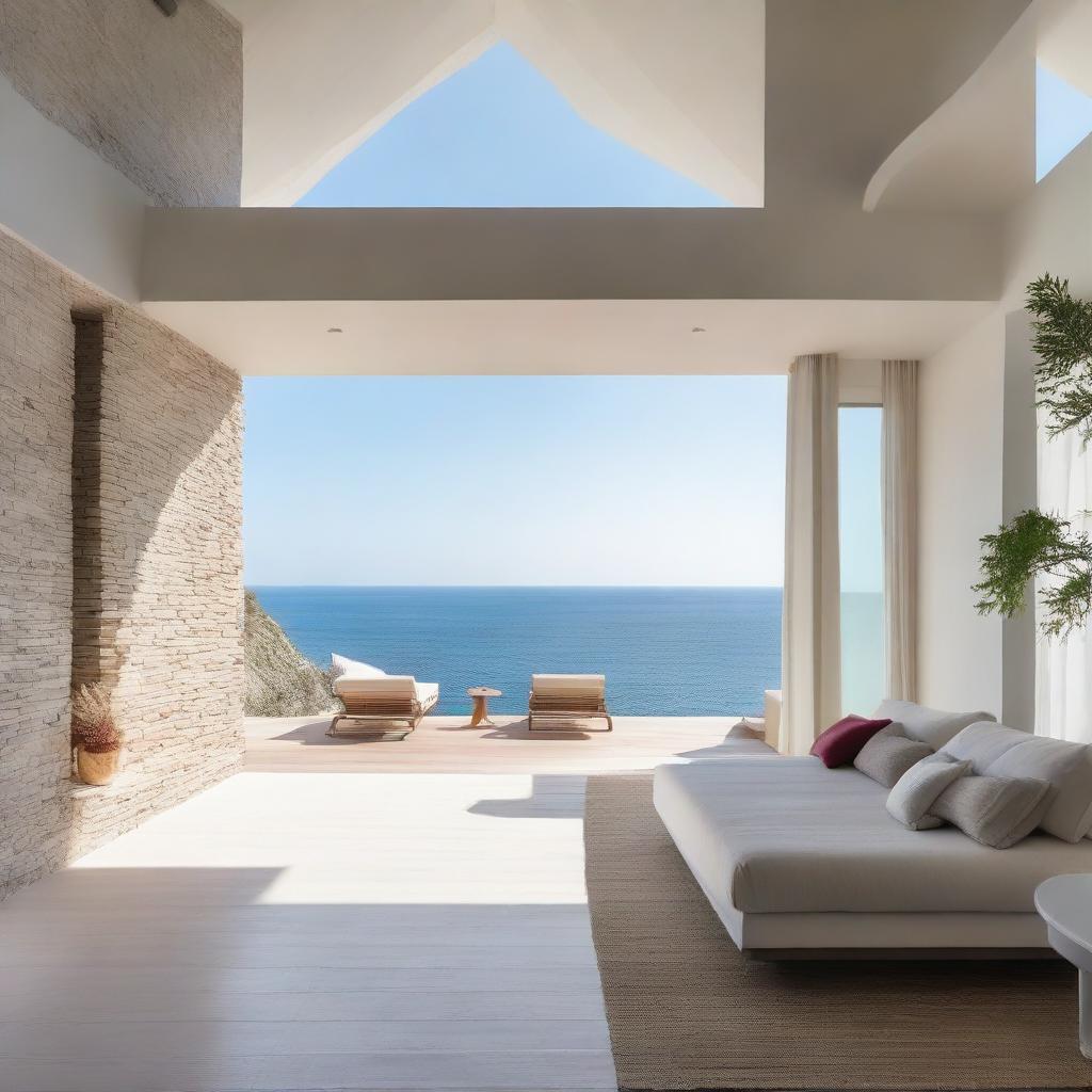 An open-concept villa with a sea view and no roof, featuring a relaxing rest area at the top-floor, perfectly designed for panoramic sea watching.