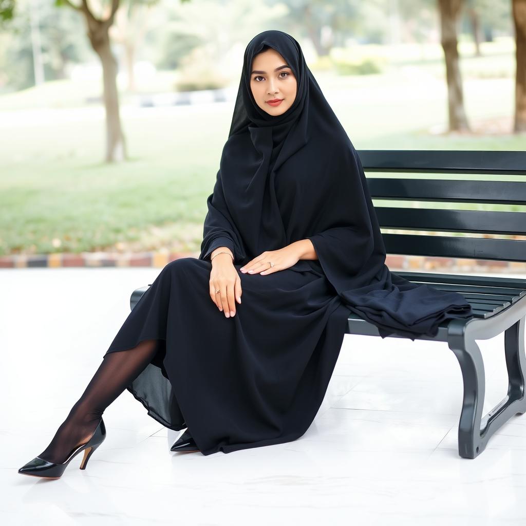 A woman in a black chador that completely covers her head and body, paired with black tights and stylish black high heels