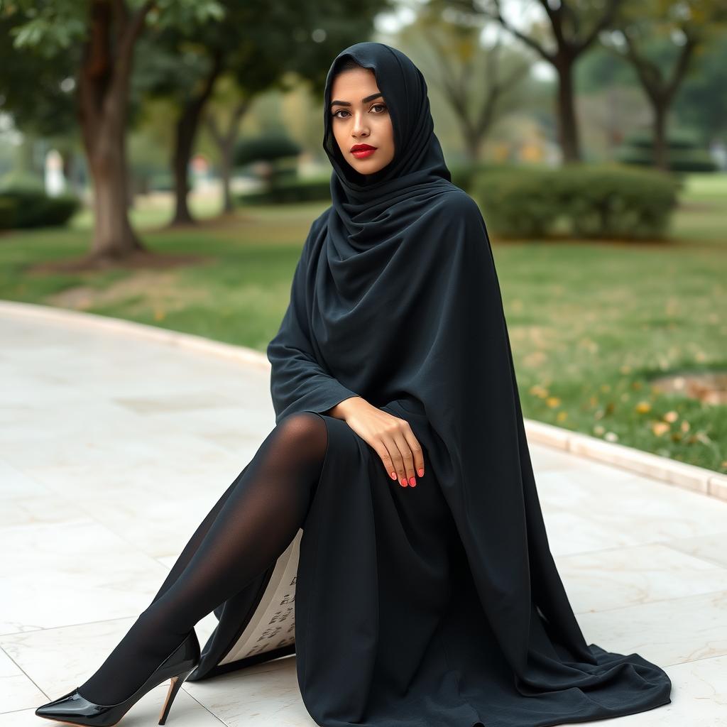 A woman adorned in a traditional black chador that covers her head and body, elegantly paired with black tights and sleek black high heels
