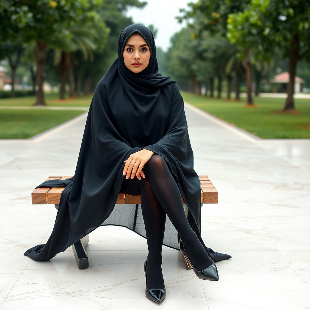 A woman in a black chador that elegantly covers her head and body, paired with black tights and chic black high heels