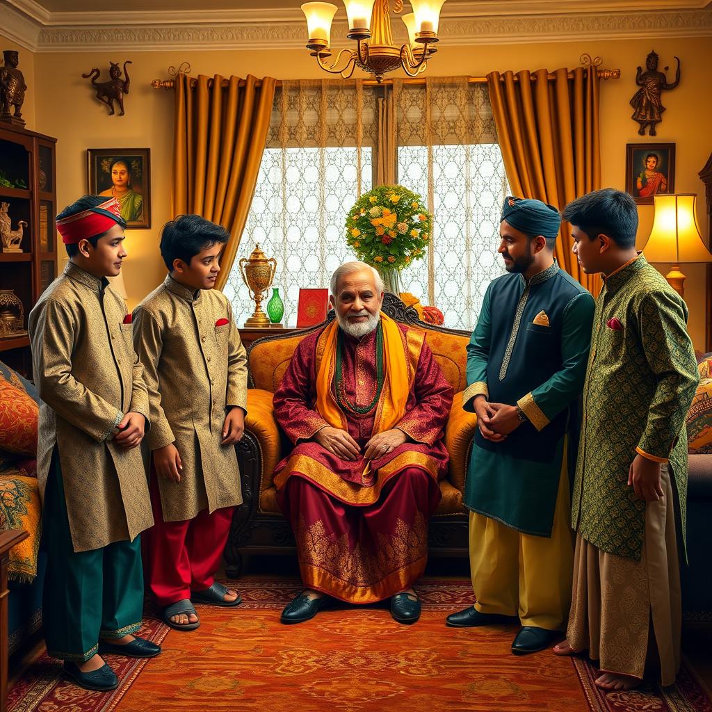 A scene depicting four young men in traditional attire, nervously approaching a middle-aged man, the father of their potential brides