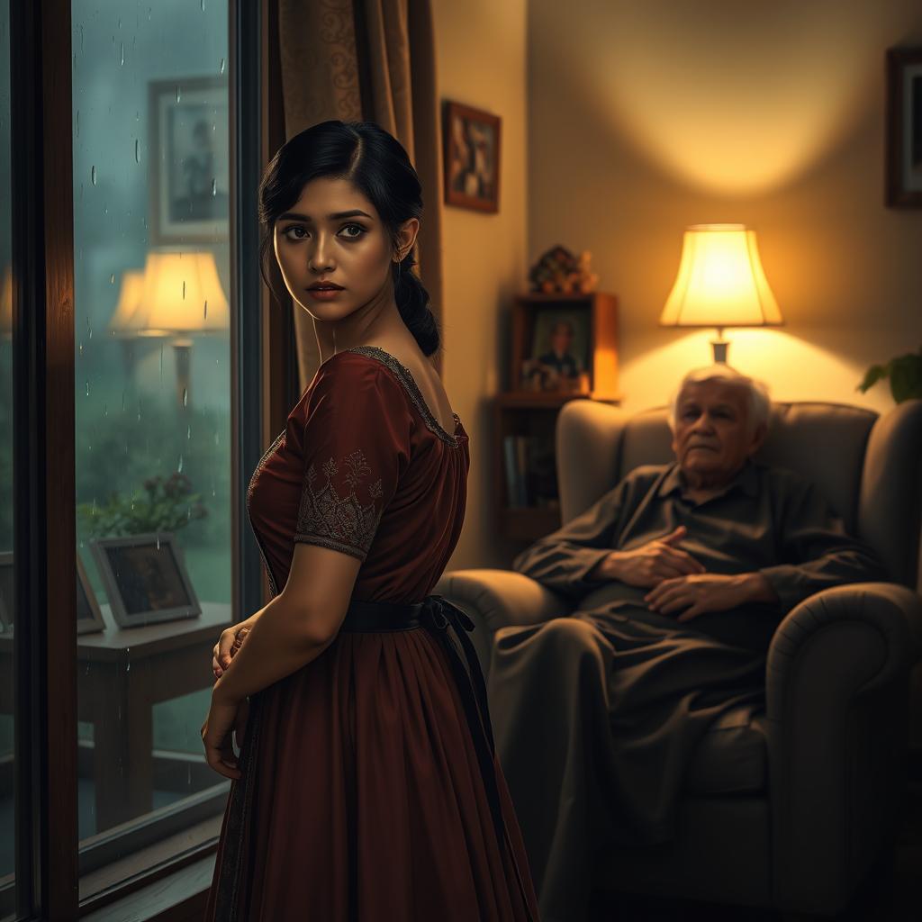 A dramatic and emotional scene set in a cozy, warmly lit living room