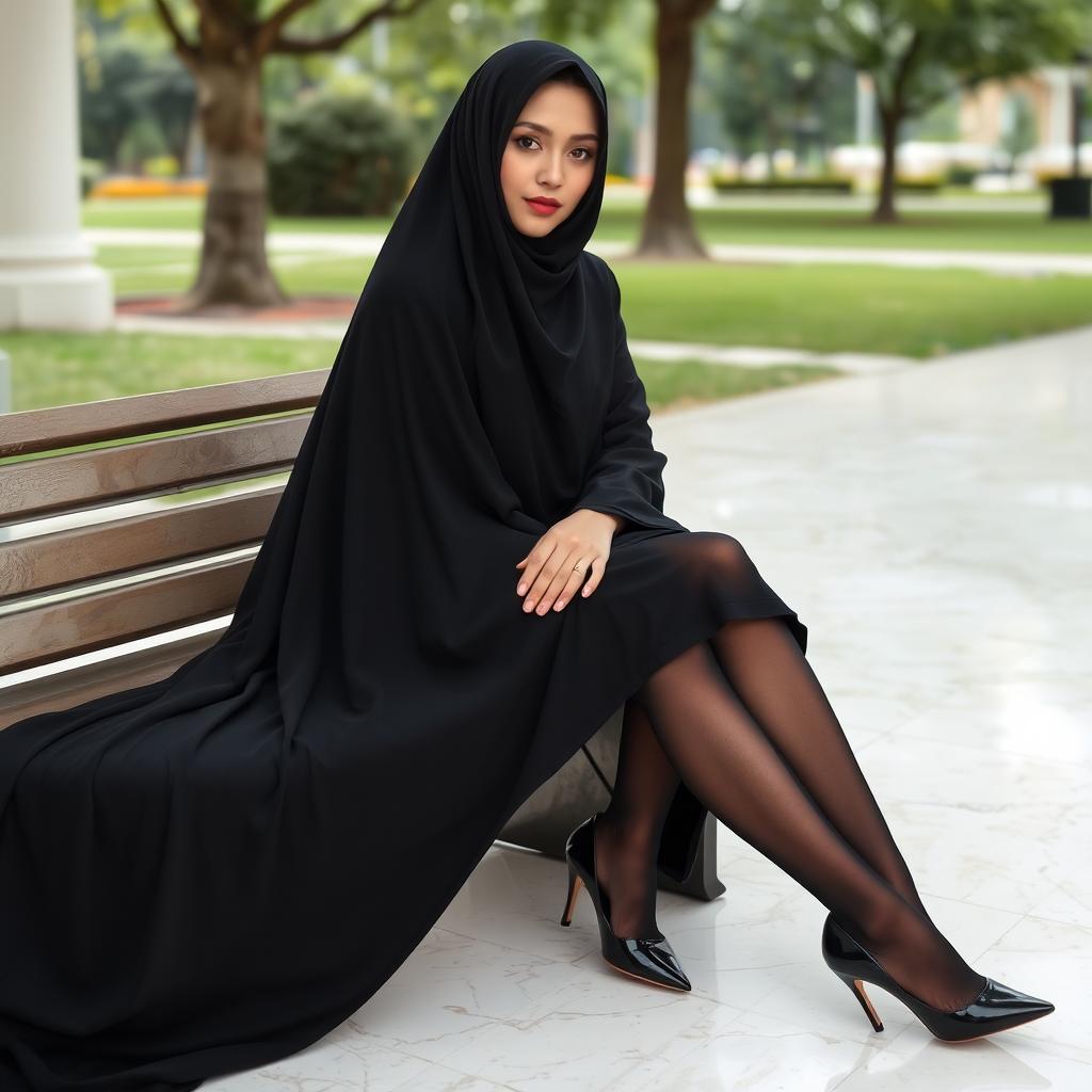 A woman dressed in a black chador that envelops her head and body, complemented by black tights and elegant black high heels