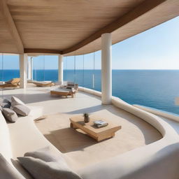 An open-concept villa with a sea view and no roof, featuring a relaxing rest area at the top-floor, perfectly designed for panoramic sea watching.