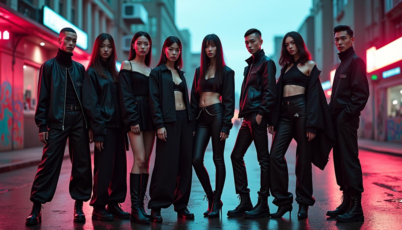 A variety of high-fashion models posing on a futuristic urban street, showcasing a diverse array of styles including streetwear, haute couture, and avant-garde fashion