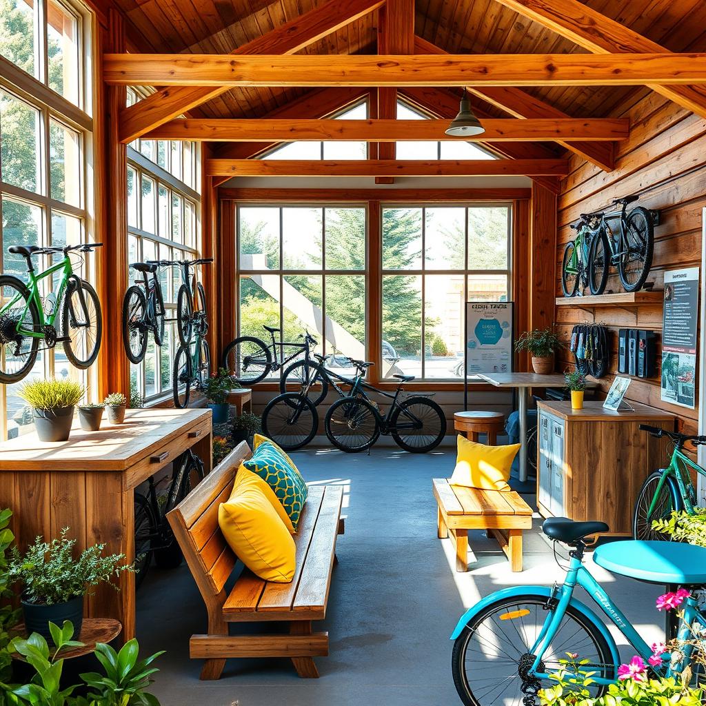 An inviting family bike rental shop located in an outdoor setting, featuring a cozy yet practical layout