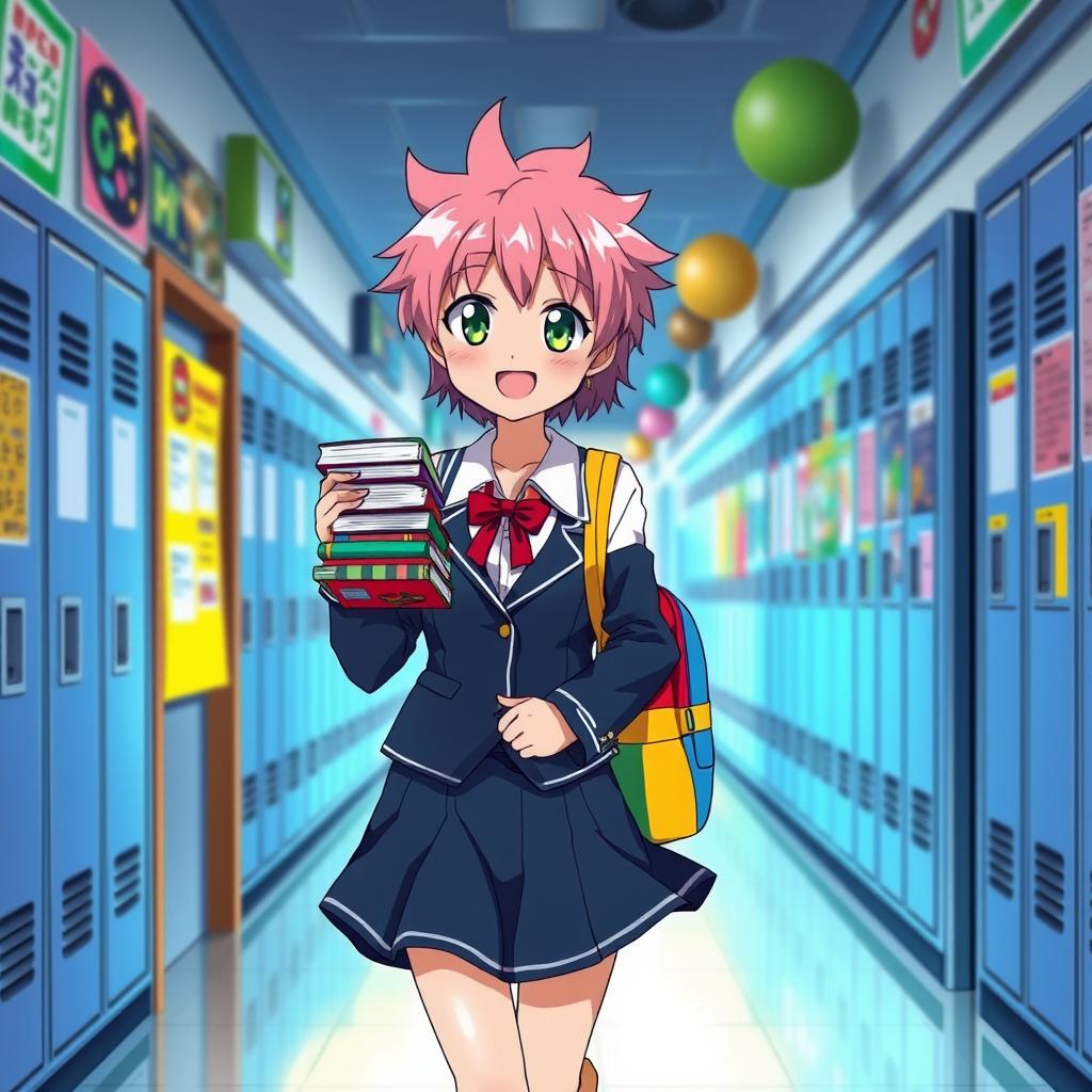 An energetic and cheerful illustration of an anime student in a school setting
