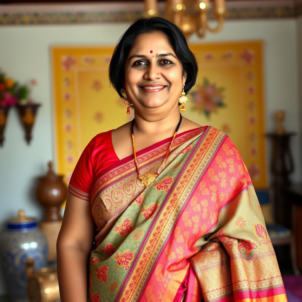 A tall, 40-year-old Indian woman with a chubby build, proudly wearing a traditional Maharashtrian saree
