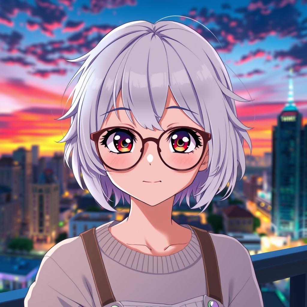 A captivating anime girl with striking white hair styled in a playful manner, wearing chic glasses that enhance her charming expression