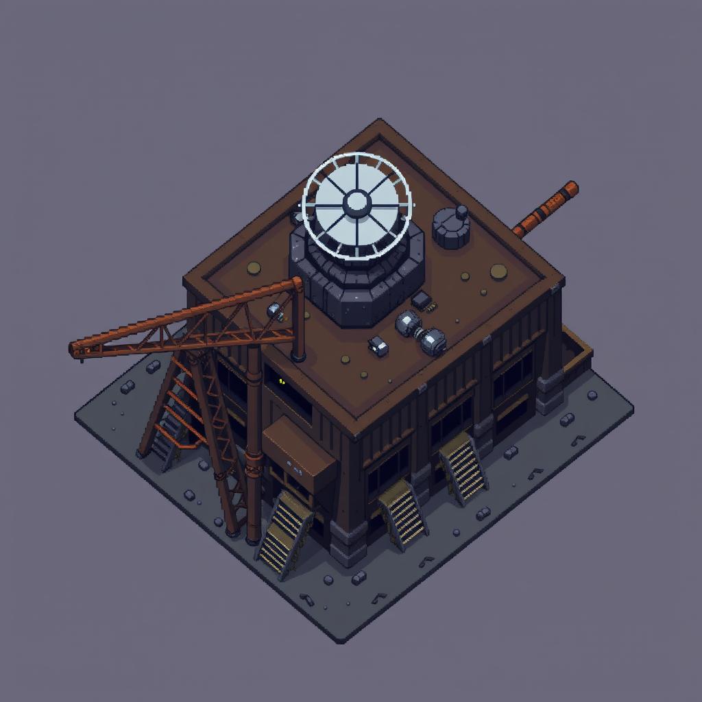 A top-down view of a wide mining refinery building designed in pixel art style
