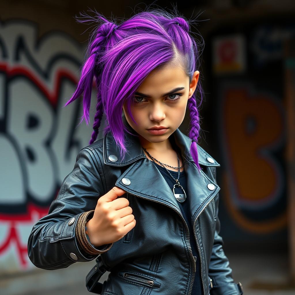 A fierce and confident girl with vibrant purple hair styled in a bold, edgy manner, possibly with a mix of braids and loose strands