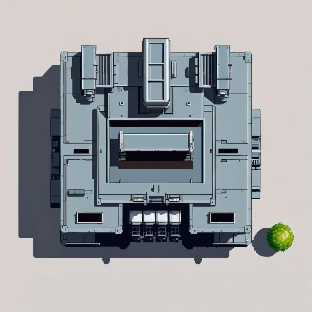 wide mining refinery building in  with crane and radar dish pixel art style top view color dark brown-gray
