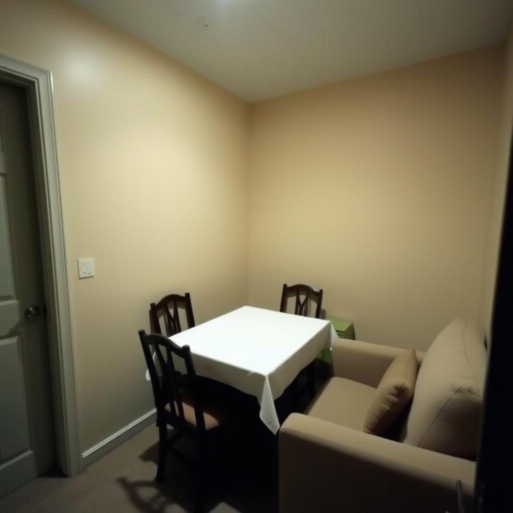 A small and humble room with light beige walls, serving as both a dining area and a living area