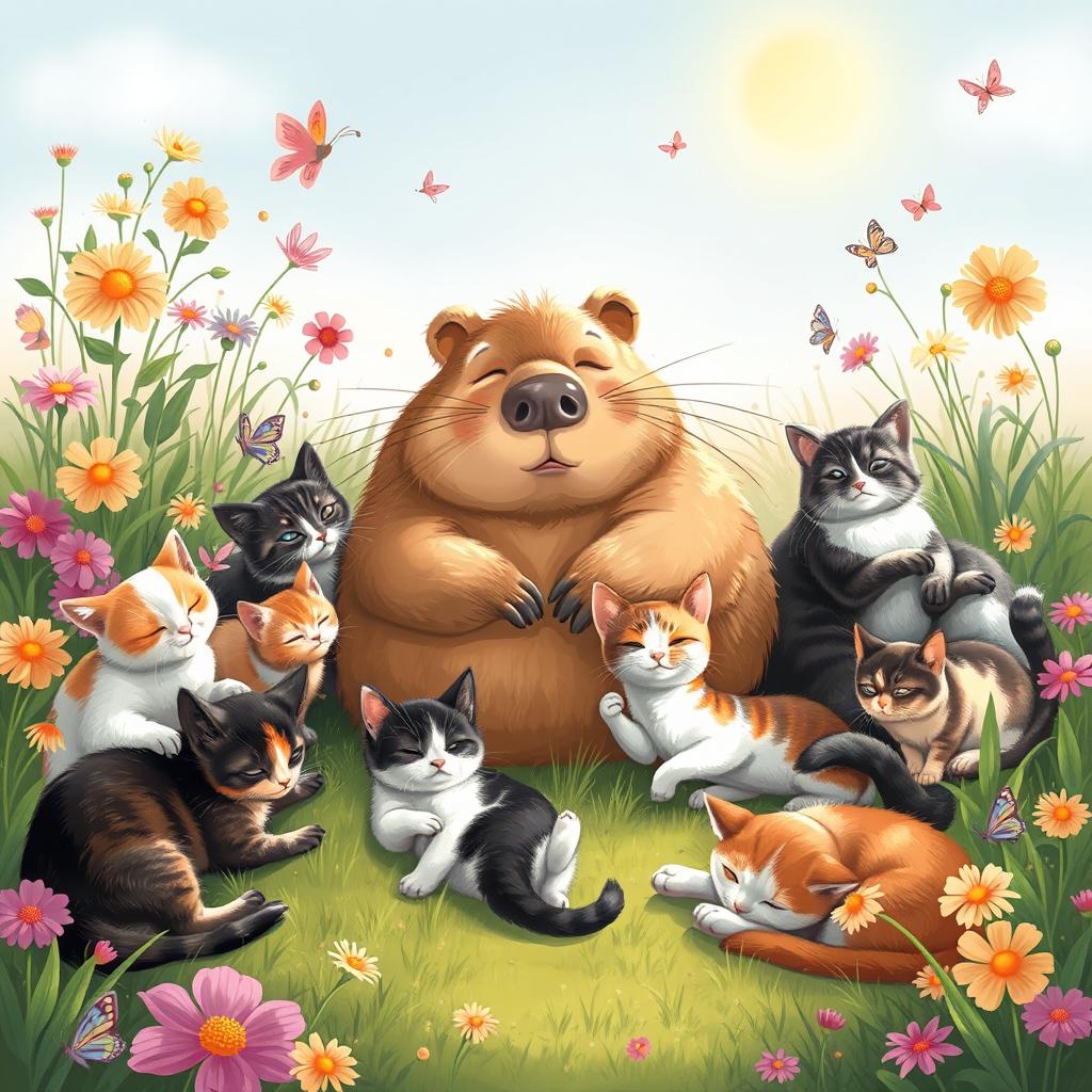 Whimsical Scene of Capybara and Playful Cats in a Serene Garden