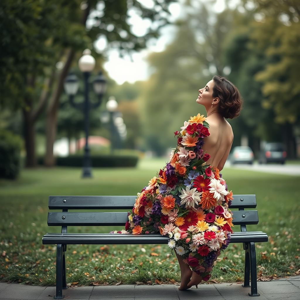A serene scene in a city park featuring a blurry background of lush greenery and softly blurred park elements