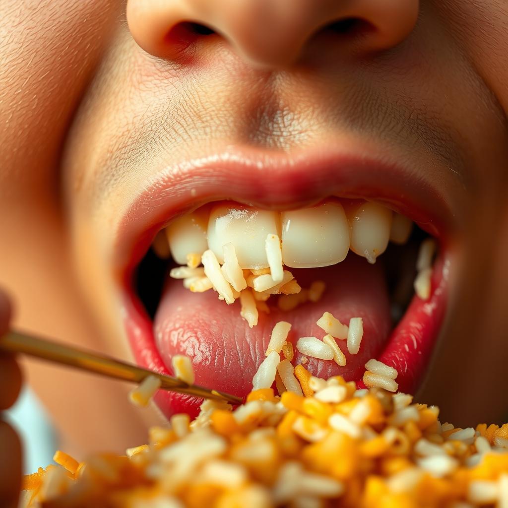 A close-up shot of a person's mouth as they eat rice, with grains of rice visibly on their lips and tongue