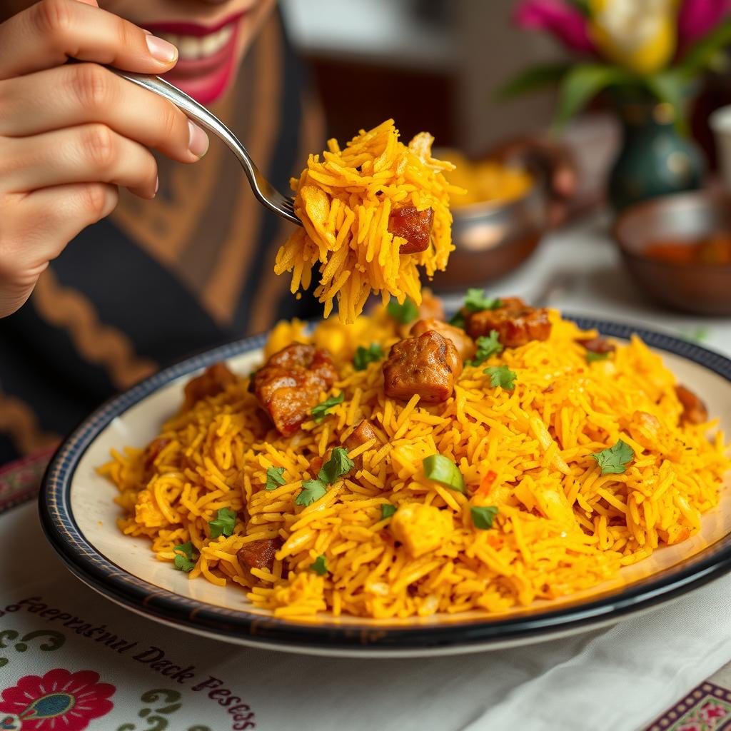 A horizontal image capturing a delightful scene of a person enjoying a plate of Biryani