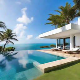 A stunning villa overlooking the expansive sea, featuring an infinity pool that seems to blend seamlessly with the ocean beyond.