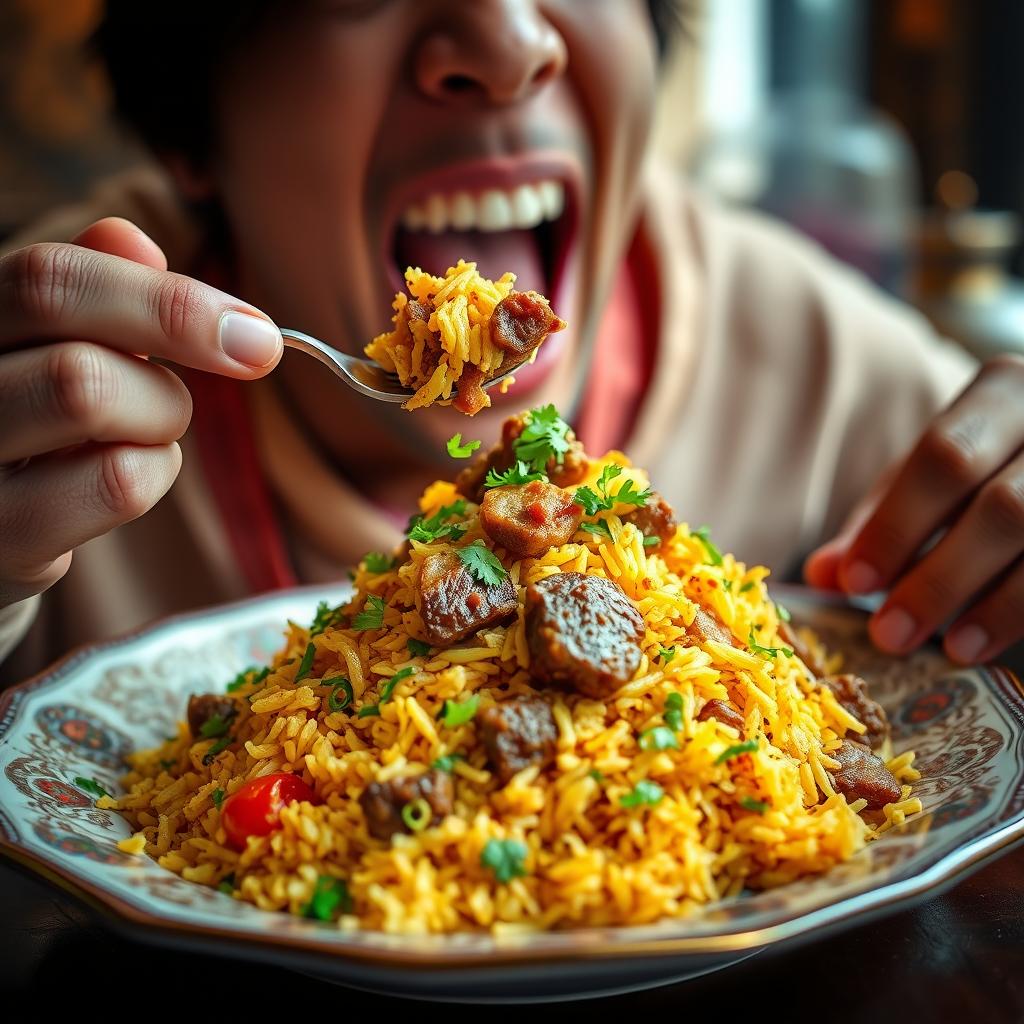 A captivating scene of a person eagerly enjoying a plate of Biryani, showcasing the rich, colorful layers of the dish