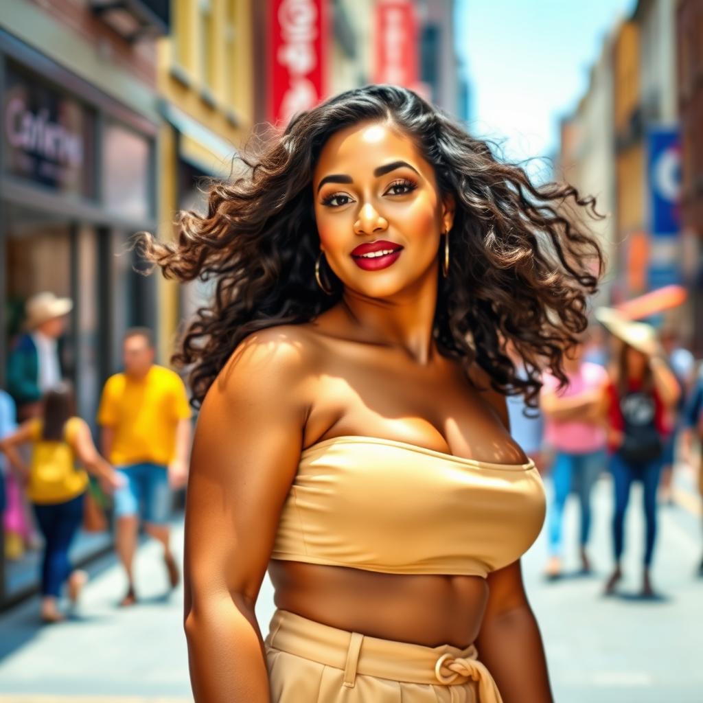 A confident and attractive woman with curvy, voluptuous features