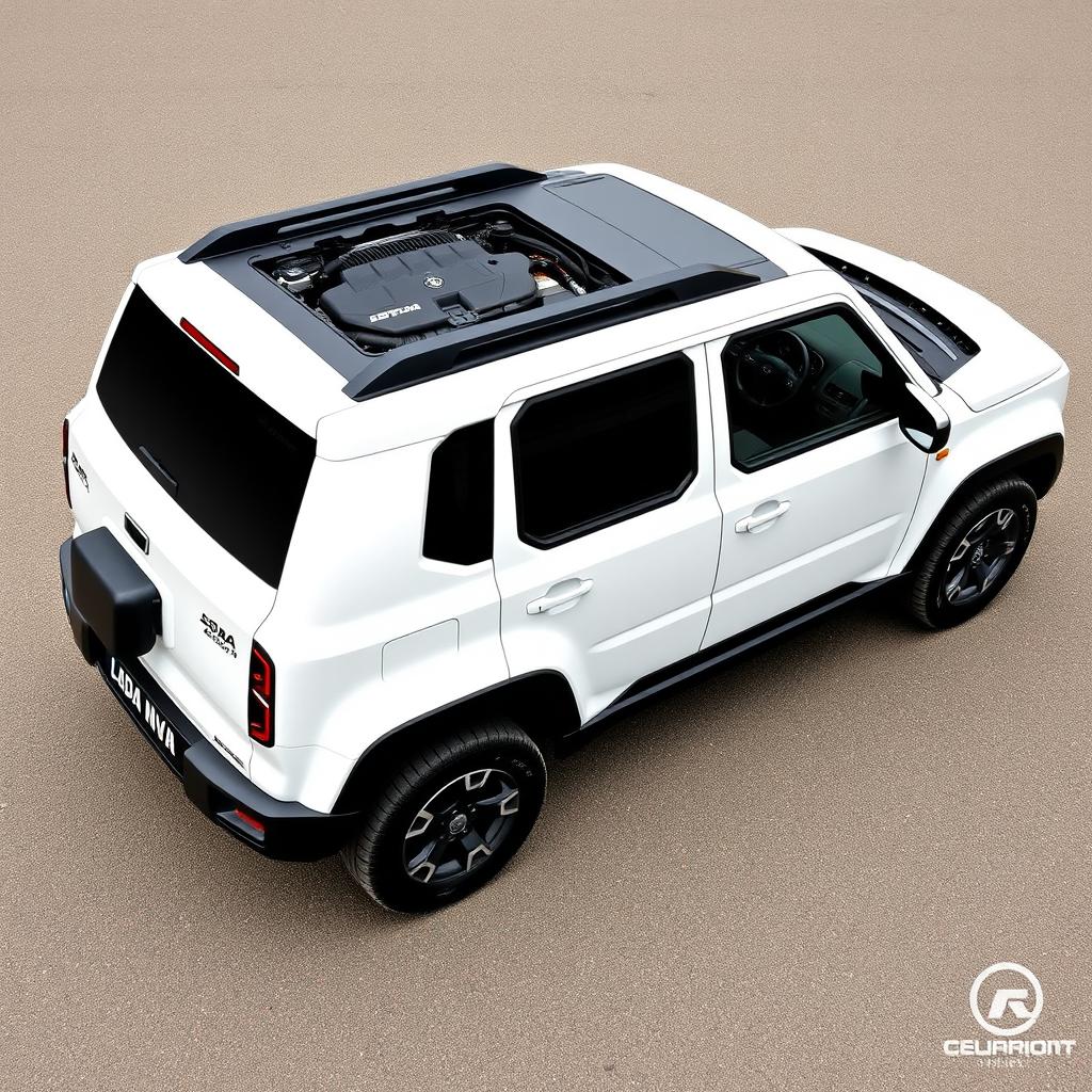 A modern 2025 Lada Niva, a 3-door SUV, viewed from the side and slightly above, showcasing the vehicle with its hood open to reveal the engine