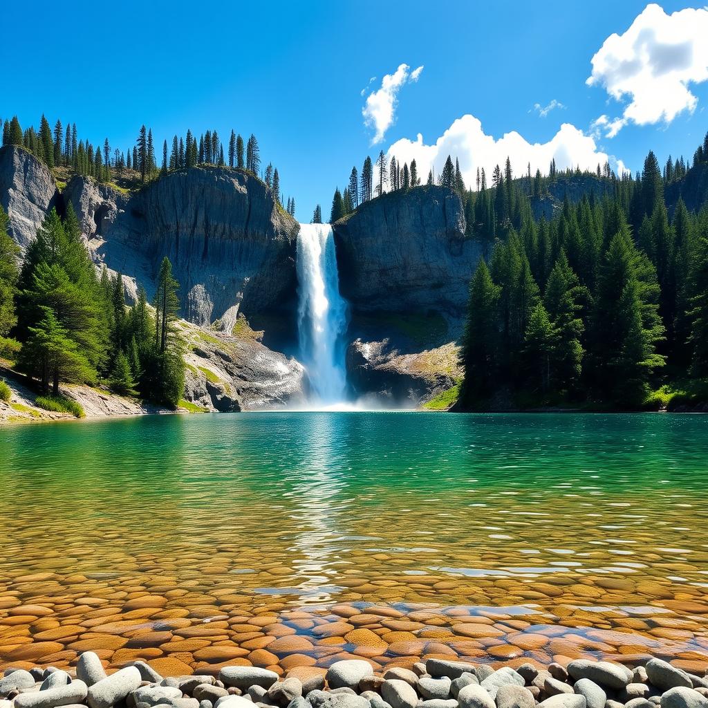 A serene landscape featuring a large, majestic waterfall cascading down rocky cliffs into a clear, tranquil blue lake surrounded by lush green pine trees