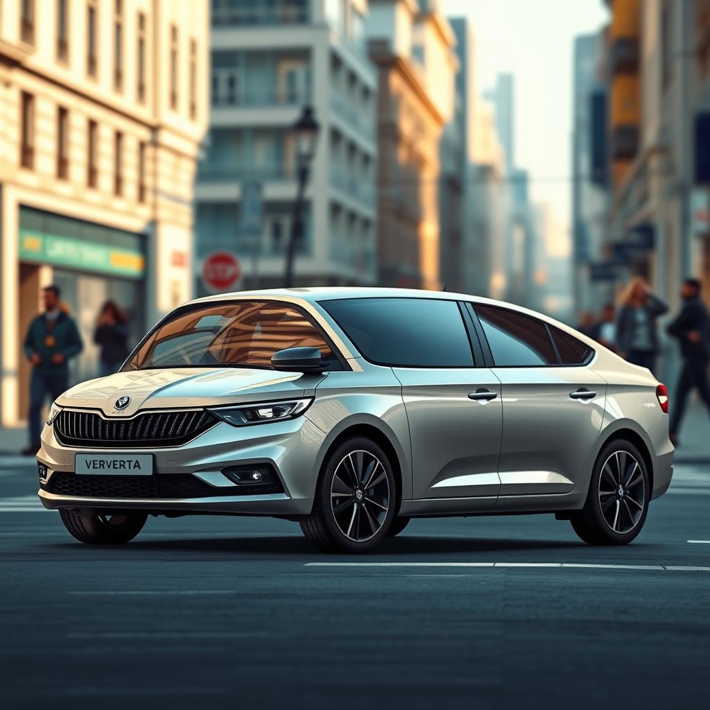 A photorealistic illustration of a Lada Vesta in an urban setting