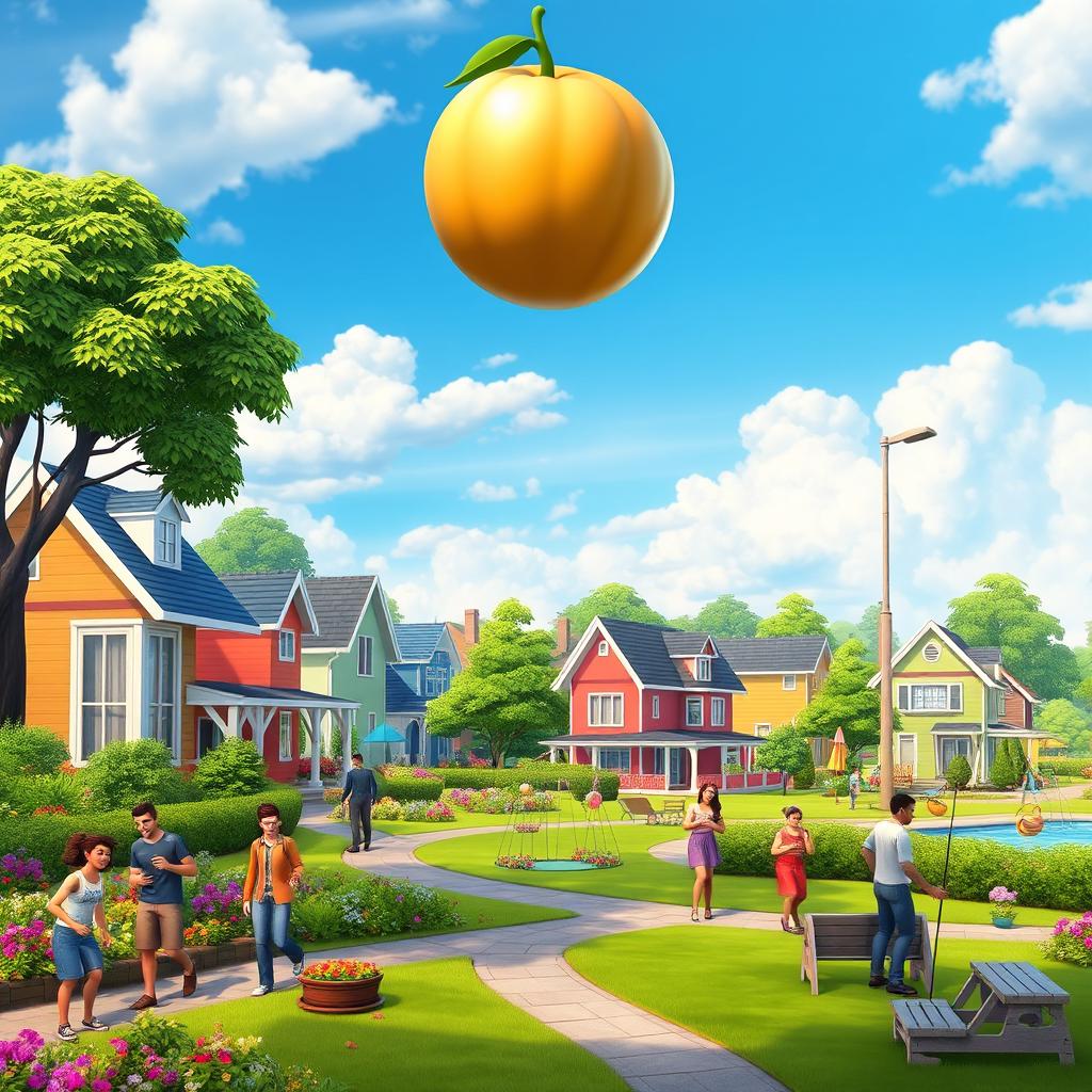 A beautifully designed Sims 4 themed wallpaper featuring a vibrant and lively neighborhood scene with colorful houses, happy Sims walking around, and various activities like gardening, fishing, and having BBQs
