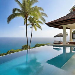 A stunning villa overlooking the expansive sea, featuring an infinity pool that seems to blend seamlessly with the ocean beyond.